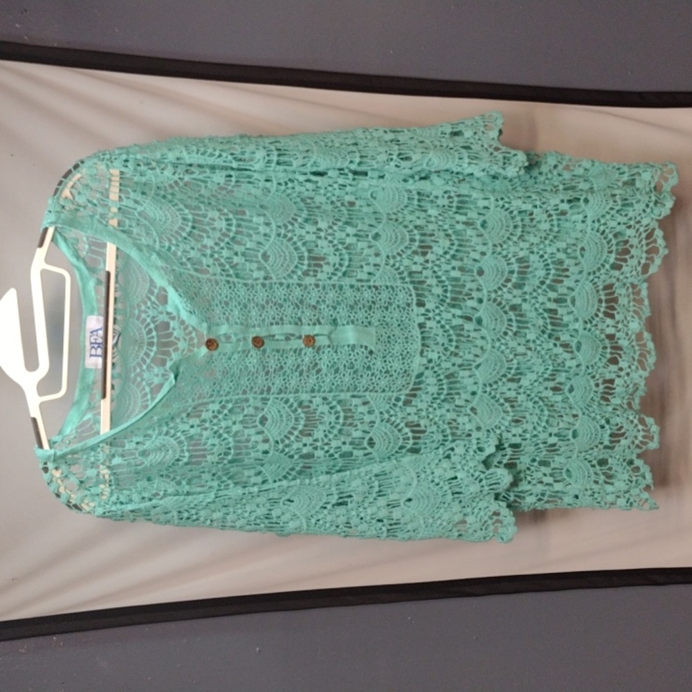 Aqua Crochet Top - 3/4 Length Sleeve